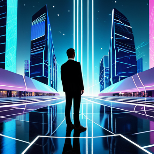 A modern professional, fully clothed in a sleek, modest business suit, standing in a vast, vibrant metaverse landscape. The background features futuristic digital buildings like virtual shops, interactive art installations, and a concert venue, all connected by glowing data lines. The lighting is bright and ethereal, emphasizing the infinite possibilities of the virtual world. The subject has perfect anatomy, correct proportions, and a natural pose, looking confidently towards the horizon. The image should convey innovation and accessibility. Professional photography, high quality, safe for work, appropriate content, family-friendly.