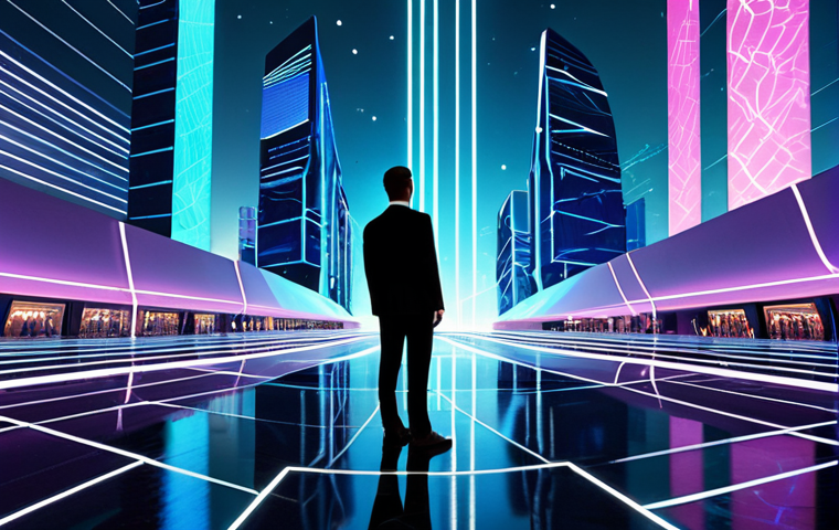 A modern professional, fully clothed in a sleek, modest business suit, standing in a vast, vibrant metaverse landscape. The background features futuristic digital buildings like virtual shops, interactive art installations, and a concert venue, all connected by glowing data lines. The lighting is bright and ethereal, emphasizing the infinite possibilities of the virtual world. The subject has perfect anatomy, correct proportions, and a natural pose, looking confidently towards the horizon. The image should convey innovation and accessibility. Professional photography, high quality, safe for work, appropriate content, family-friendly.