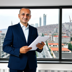 A professional real estate agent, fully clothed in a modest business suit, stands confidently in a modern, well-lit office. Through a large window, the bustling urban landscape of a major Turkish city is visible, featuring a mix of high-rise commercial buildings, modern residential towers, and visible infrastructure like roads or a metro line, symbolizing economic development. The agent holds a document or tablet, indicating a focus on market data. Perfect anatomy, correct proportions, natural pose, well-formed hands, proper finger count, natural body proportions, safe for work, appropriate content, fully clothed, professional photography, high quality.