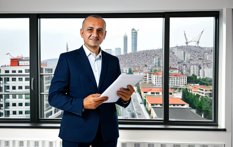 A professional real estate agent, fully clothed in a modest business suit, stands confidently in a modern, well-lit office. Through a large window, the bustling urban landscape of a major Turkish city is visible, featuring a mix of high-rise commercial buildings, modern residential towers, and visible infrastructure like roads or a metro line, symbolizing economic development. The agent holds a document or tablet, indicating a focus on market data. Perfect anatomy, correct proportions, natural pose, well-formed hands, proper finger count, natural body proportions, safe for work, appropriate content, fully clothed, professional photography, high quality.